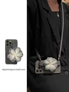 ins石墨黑纱花腕带适用iPhone16ProMax手机壳苹果17高级感14pro斜跨15新款13网红12女11创意全包防摔硅胶软壳