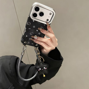 黑底牛仔满屏线条kt猫适用苹果17promax手机壳iPhone16带手绳14pro网红女15华为mate70pro 超好看p80防摔软壳