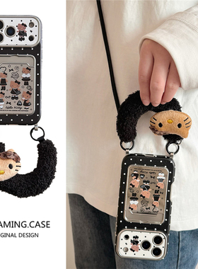黑色波点卡通kt镜面卡包适用苹果17promax手机壳新款iphone16斜跨14pro毛绒腕带15华为mate80pro女70皮质防摔