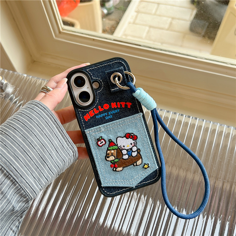 牛仔布刺绣小狗KT猫苹果16promax手机壳个性潮流原创适用iphone15口袋卡包14pro保护壳13女款挂绳新款防摔壳