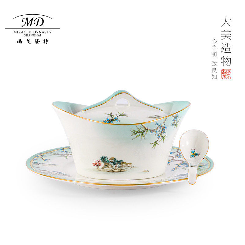 玛戈隆特西湖盛宴1人食汤盅套装家用高档骨瓷餐具隔水保温带盖