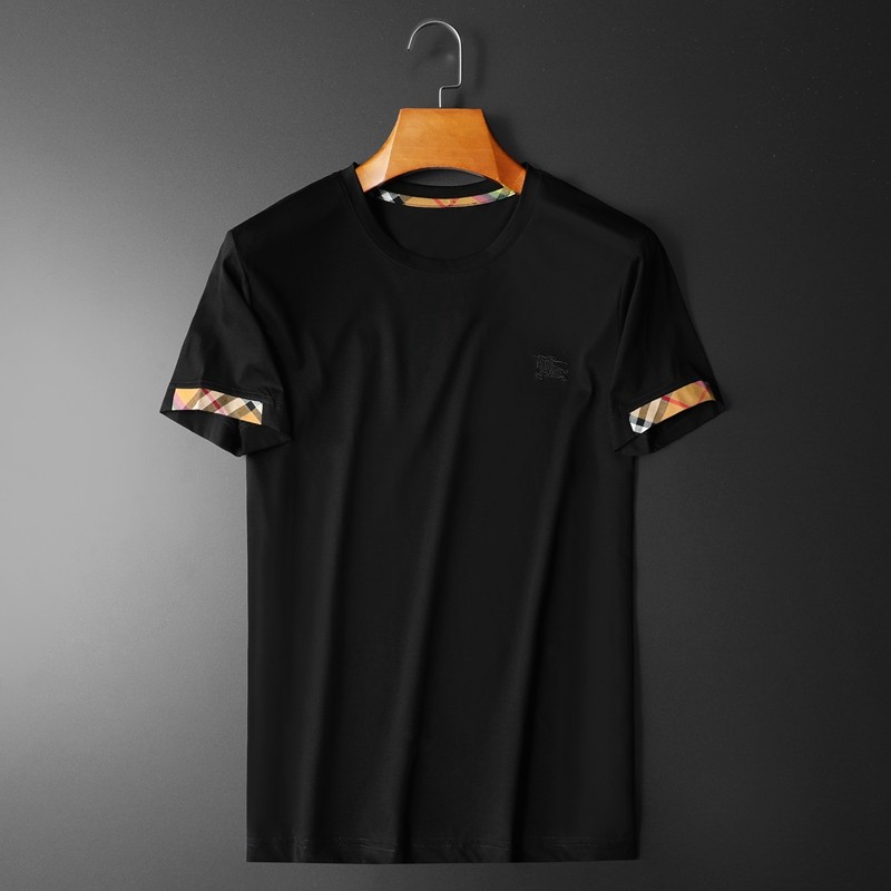 欧洲站夏装巴宝莉纯色短袖男t恤刺绣修身圆领丝光棉半袖T恤打底衫