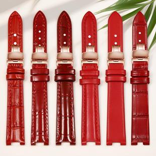 凹口手表带真皮女适配罗西尼飞亚达阿玛尼MK西铁城芙丽红色牛皮带