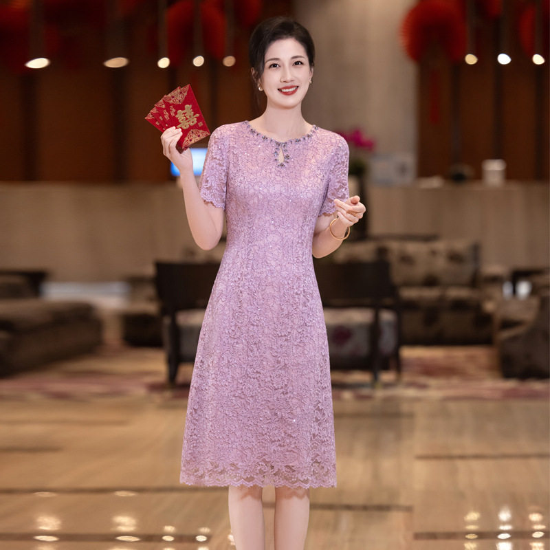 2026夏新款礼服裙蕾丝紫色短袖婚庆婚宴妈妈喜婆婆连衣裙轻奢高端