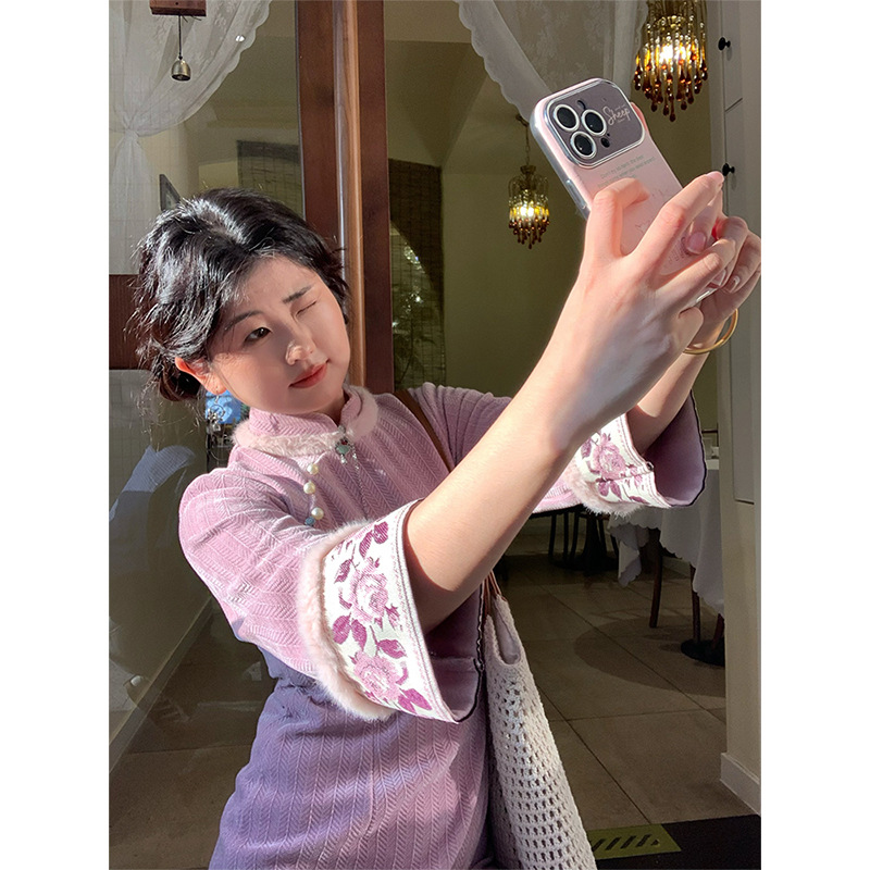 暖暖向紫《星落成糖》复古国风日常旗袍新中式秋冬长袖连衣裙女