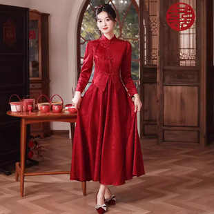 显瘦回门服红色订婚礼服女旗袍秀禾服 新娘立领长袖 中式 敬酒服新款