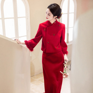 红色呢子套装新中式敬酒服2025新款小个子新娘结婚回门服领证礼服