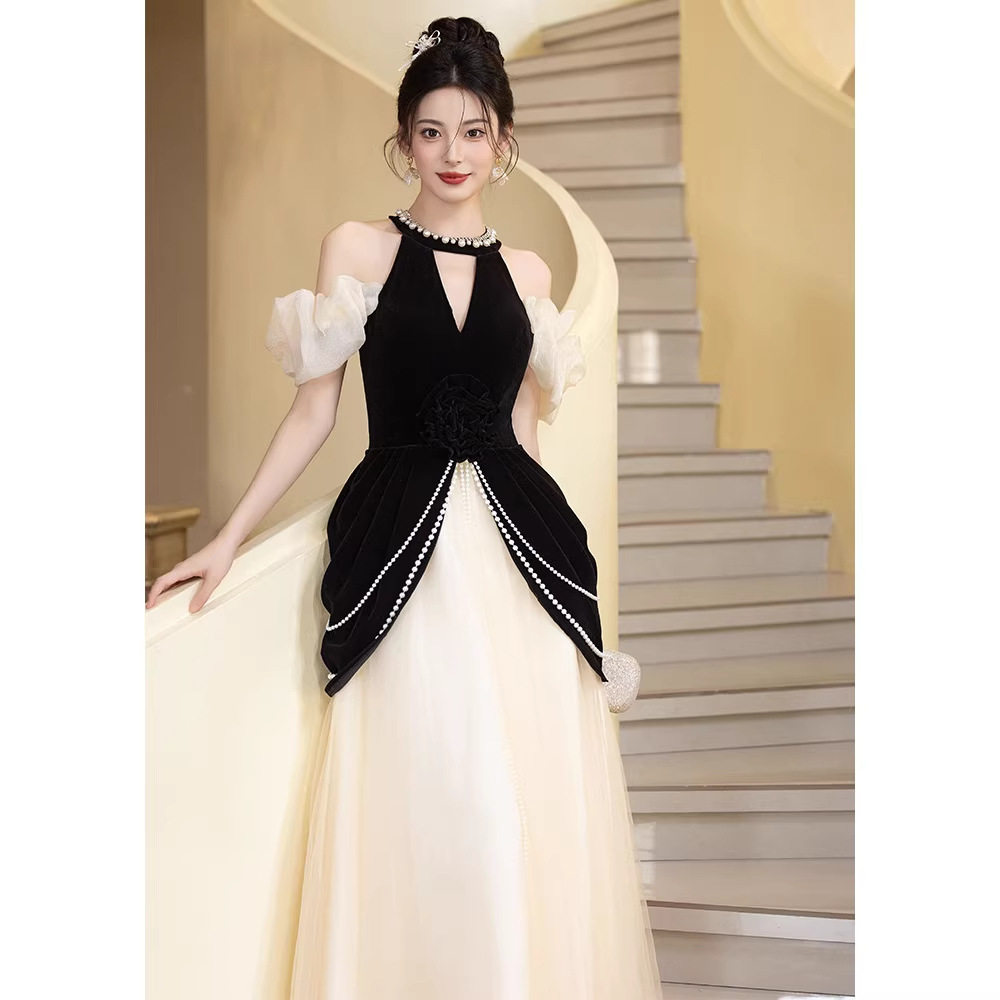 法式黑色晚礼服女2026新款高级感宴会气质主持连衣裙高端轻奢小众