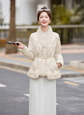女式羽绒服2025冬季新款女新中式毛毛拼接白鸭绒收腰外套HE99858