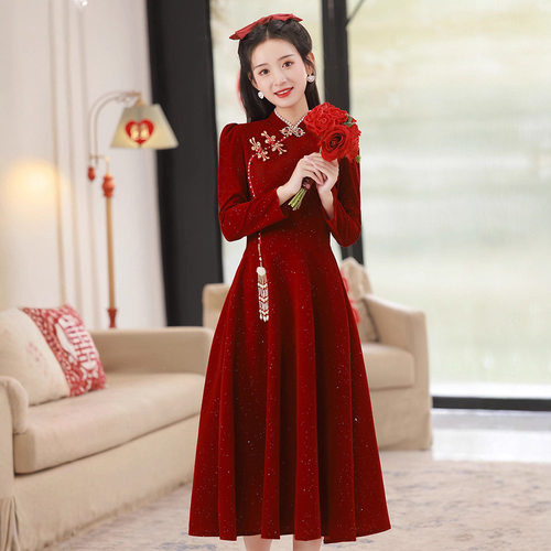 hmgS512敬酒服2025秋冬新娘小个子回门结婚便装酒红色订婚礼服女