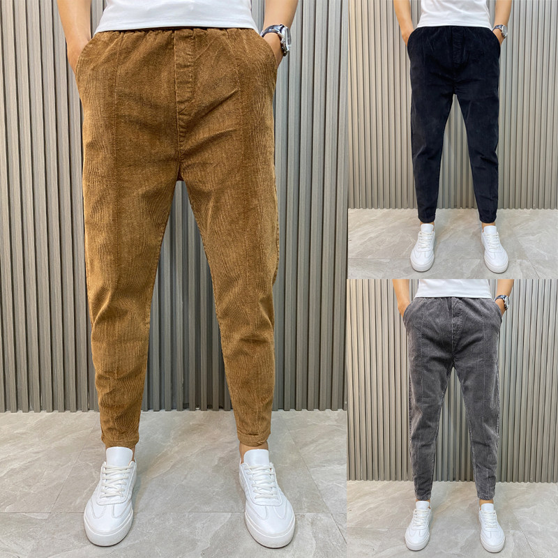 秋冬季灯芯绒裤子男痞帅百搭小脚休闲裤男士潮牌哈伦裤咖色条绒裤,男装,休闲裤,淘宝优惠券,粉丝福利购,淘宝优惠卷
