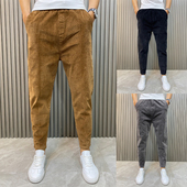 咖色条绒裤 秋冬季 男士 潮牌哈伦裤 灯芯绒裤 子男痞帅百搭小脚休闲裤