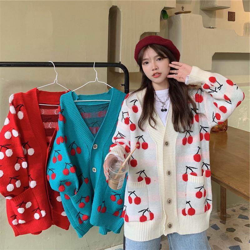 网红女季新款甜美宽松2020秋冬慵懒风加厚樱桃V领开衫学生外套