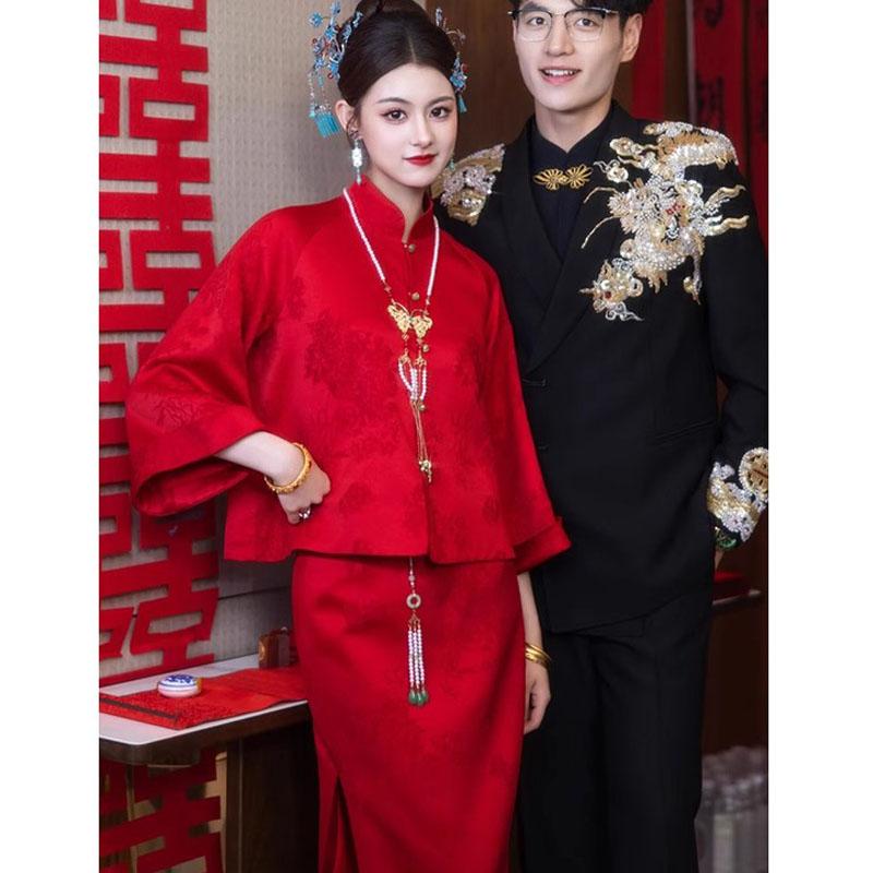 婚礼新中式旗袍酒红色礼服套装