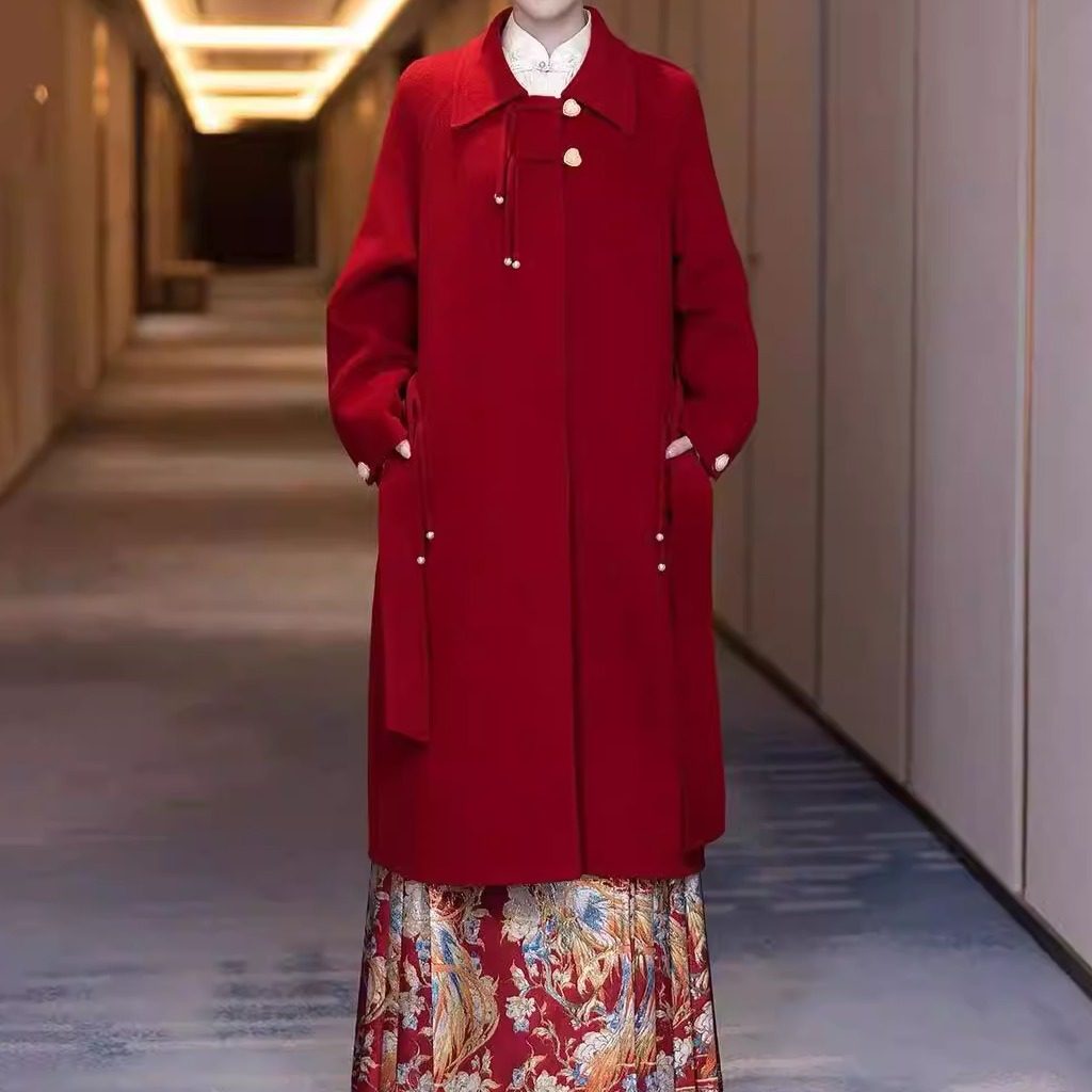 红色大衣双面毛呢子外套女小个子新娘结婚订婚2025秋冬款敬酒服女