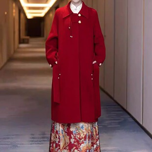 红色大衣双面毛呢子外套女小个子新娘结婚订婚2025秋冬款敬酒服女