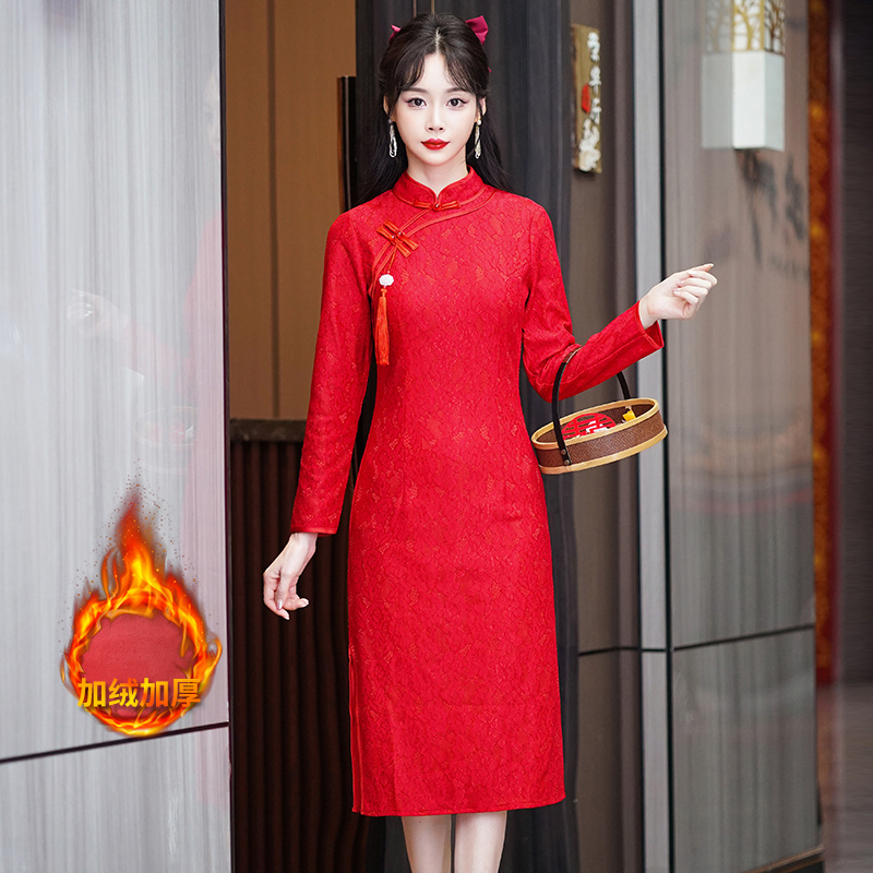 秋冬新款新中式国风改良旗袍加绒加厚敬酒服旗袍连衣裙