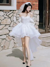 法式晨袍新娘女一字肩漂亮公主仙女白色抹胸套装裙订婚礼服裙子