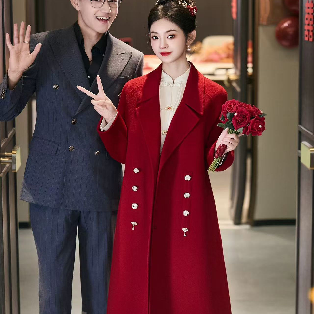 红色大衣毛呢外套2025年秋冬新款新娘订婚礼服结婚敬酒服套装
