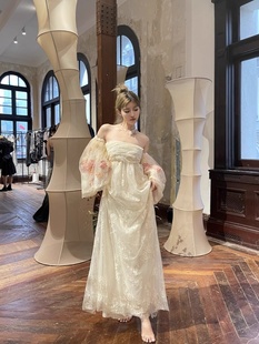 立体花朵网纱晨袍聚会礼服蕾丝一字领泡泡袖婚礼连衣裙女夏季晨拍