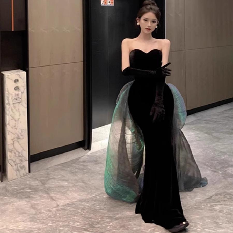 复古黑色丝绒抹胸连衣裙拖尾晚礼服气质宴会长裙演出婚纱晚礼服女