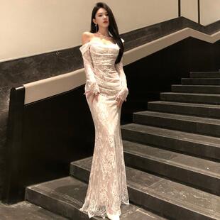法式气质蕾丝一字肩鱼尾长裙气质修身显瘦高级感长款礼服连衣裙女