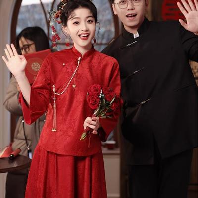 新中式敬酒服订婚结婚喜嫁套装旗袍半身裙女新娘晨袍酒红色婚礼女