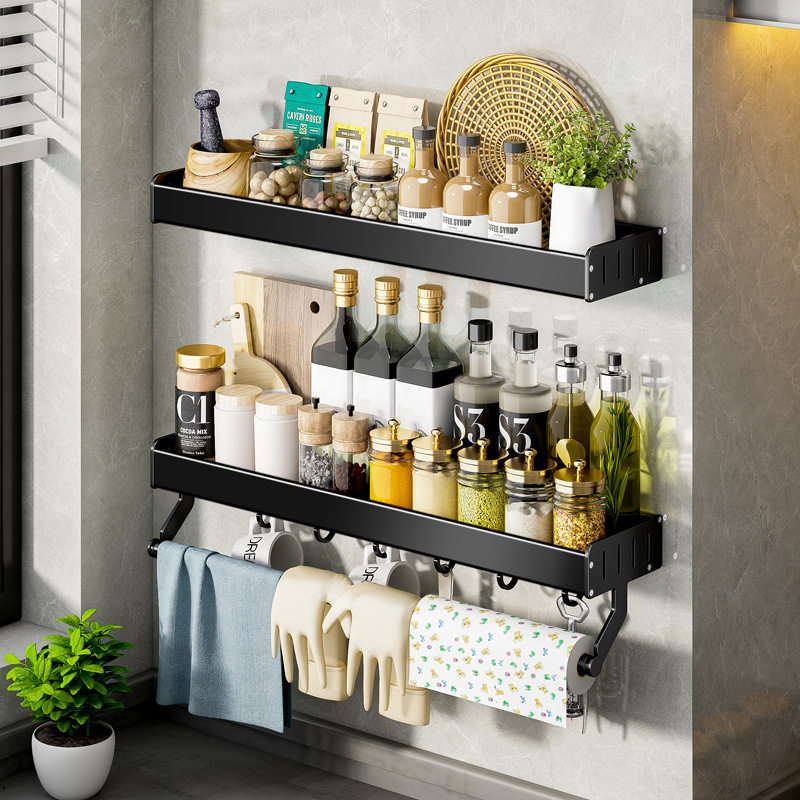 新款 厨房置物架壁挂式免打孔黑色墙上厨具用品收纳抹布调料挂架