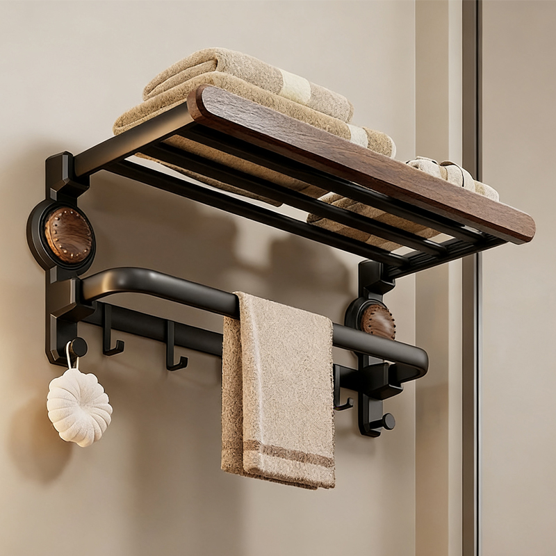 乐贴免打孔吸盘毛巾架胡桃木浴室卫生间浴巾挂架强承重壁挂置物架