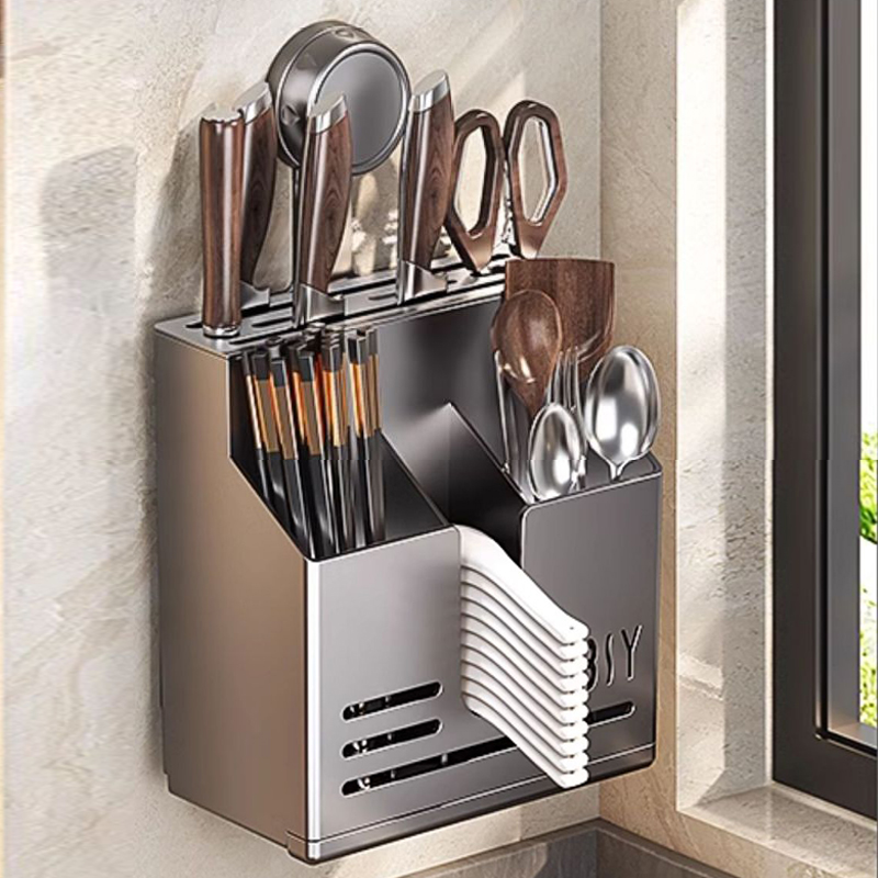 高级灰刀筷一体收纳架简约风厨房置物架壁挂式刀架筷子筒易洁实用
