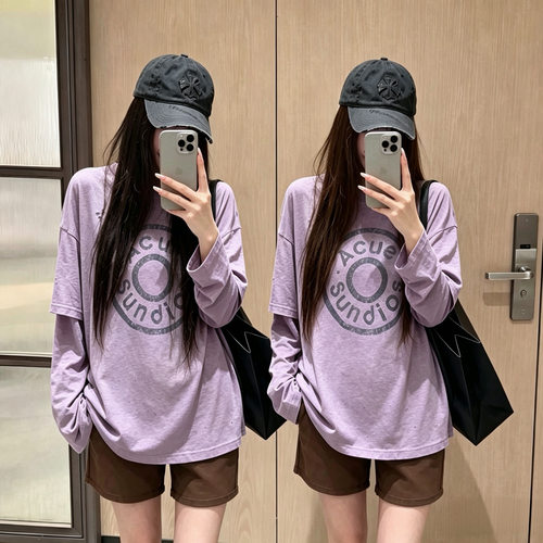 训宝香芋紫美式AC做旧破洞字母印花长袖T恤女宽松休闲上衣假两件