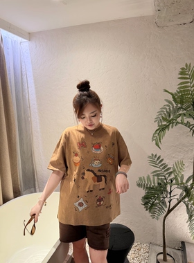训宝美式潮牌印花短袖女微胖新款夏季小众设计感慵懒宽松复古上衣