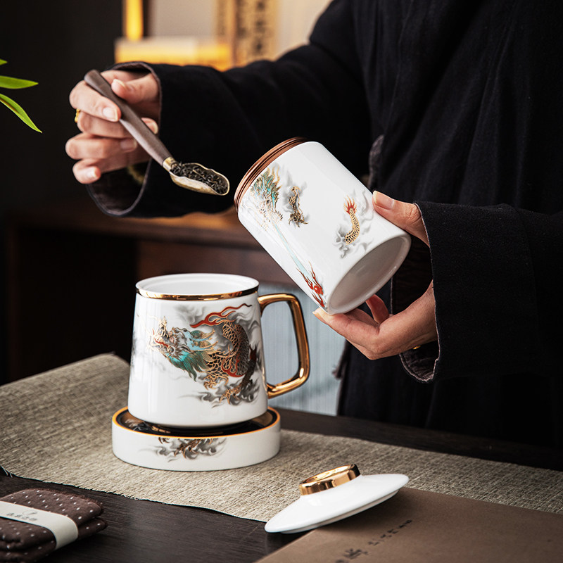 鎏金龙年高档杯子陶瓷保温杯恒温杯垫高档商务办公杯礼品茶杯套装