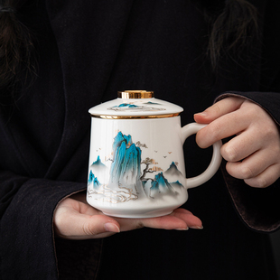 高级感轻奢羊脂玉茶杯带盖过滤喝茶男女杯子陶瓷水杯泡茶水分离杯