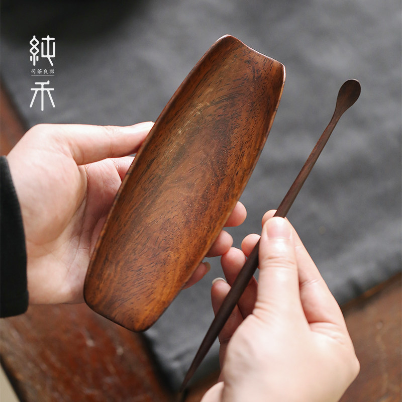 黑檀木实木茶则二件套装禅意茶荷分茶勺茶匙六君子功夫茶道零配件