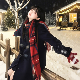 海月社 牛角扣毛呢大衣夹棉外套学院JK制服日系女长款厚秋冬新品