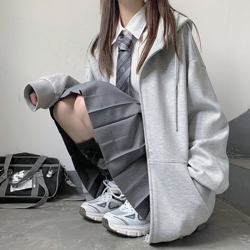 海月社基础纯色卫衣加绒上衣开衫连帽JK外套女秋冬厚上衣