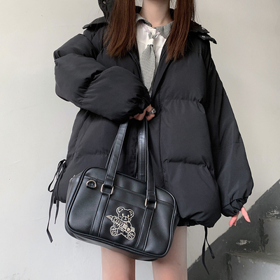 海月社黑色棉服女连帽加厚面包服