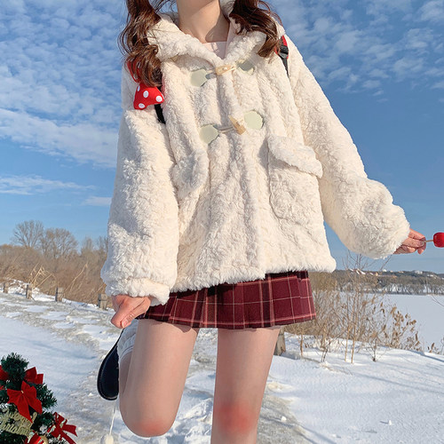 加厚毛毛绒立领宽松兔毛大衣