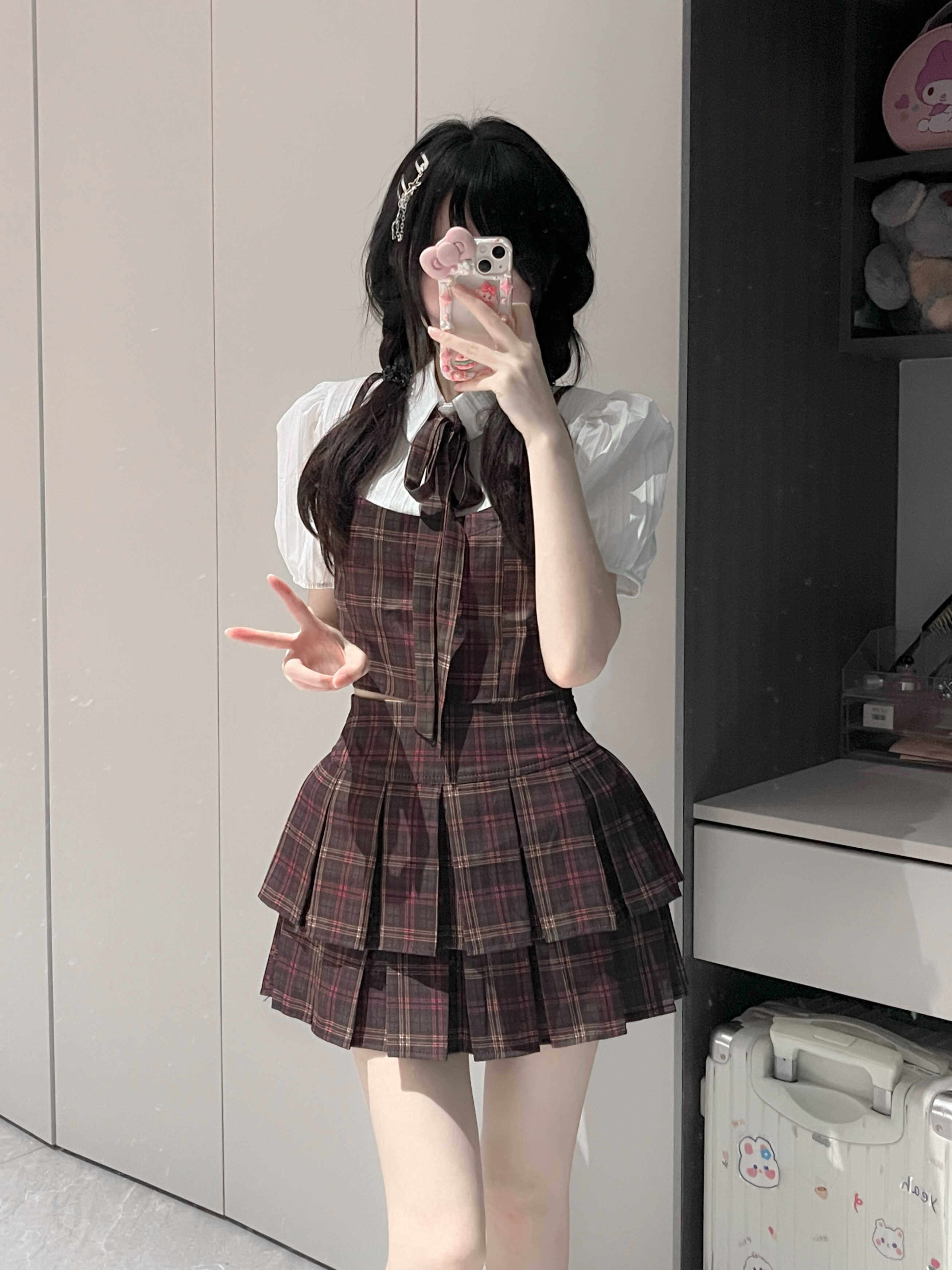 法式学院风甜酷辣妹小个子格纹假两件上衣女高腰百褶短裙两件套装