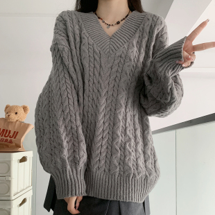 灰色麻花毛衣女学生秋冬韩版百搭针织衫潮慵懒风复古加厚V领宽松