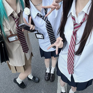 海月社条纹衬衫JK制服学生日系学院风长袖细条纹休闲白领上衣外套