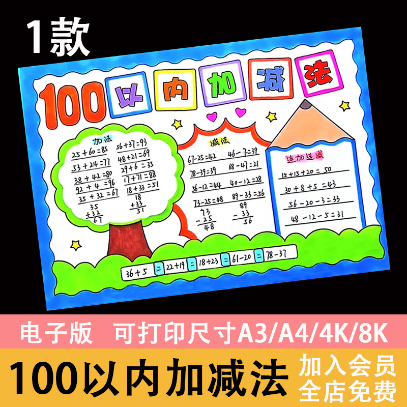 100以内的加减法手抄报一百以内加减法小报模板学生电子版可打印