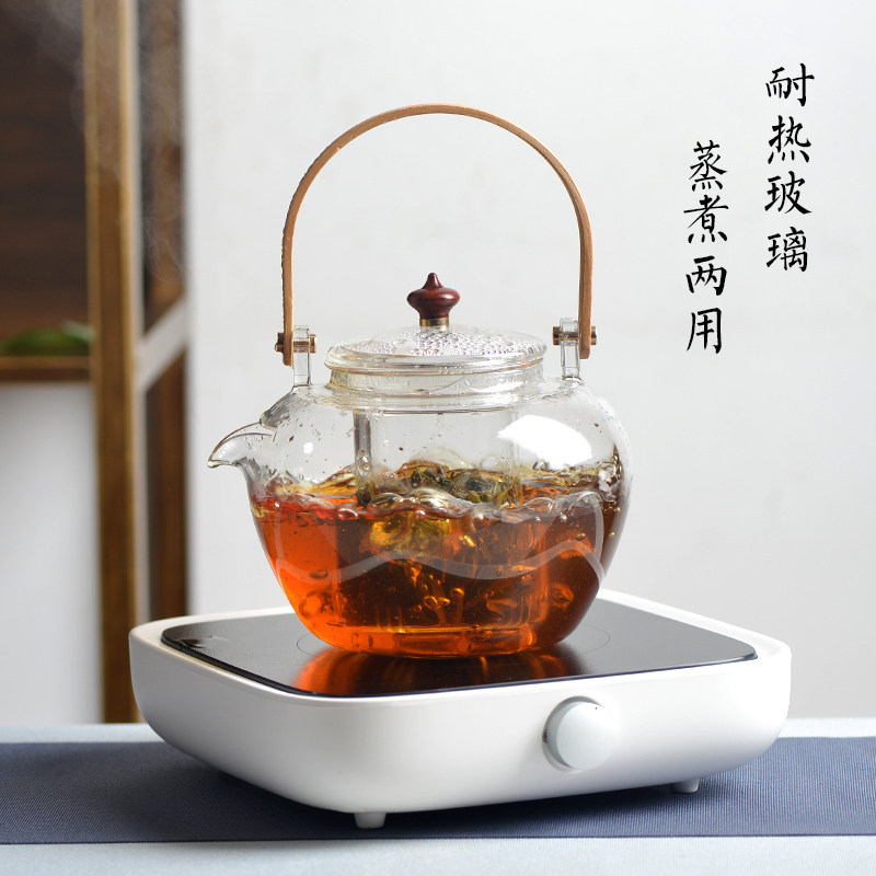 润瑞耐热玻璃烧水壶电热家用养生壶蒸煮两用可加热木手把花茶茶壶