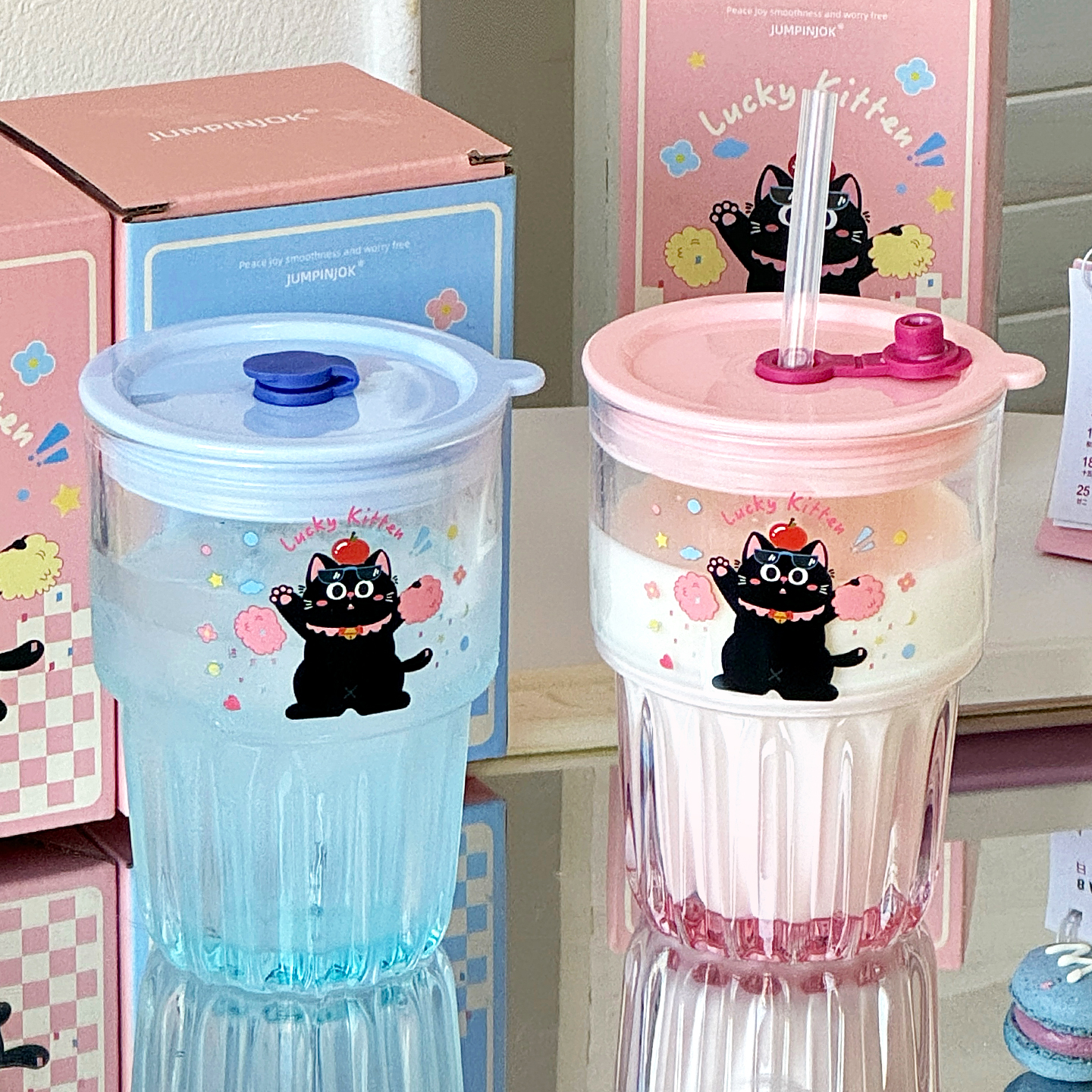 2025新款小猫水杯透明玻璃杯高级感轻奢女高颜值家用带盖吸管杯子