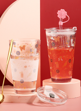 JUMPINJOK 网红星空杯子家用水杯女可爱高颜值带玻璃吸管便携学生