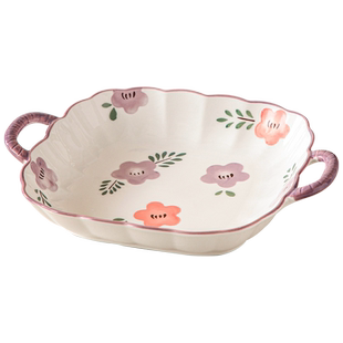 家用釉下彩陶瓷盘子菜盘双耳盘碟子日式2025新款创意方盘烤盘餐具