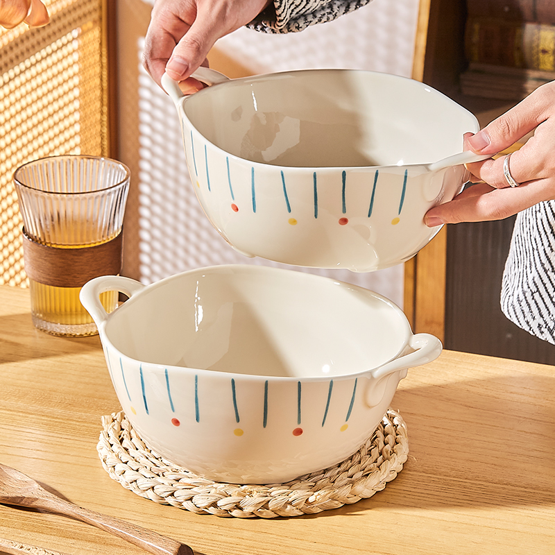 奶油风双耳陶瓷汤碗泡面碗10寸