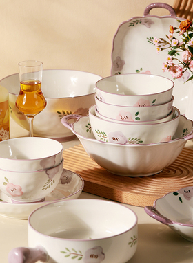 紫萱花陶瓷饭碗汤面碗碗碟套装釉下彩餐具日式家用新款碗盘子组合