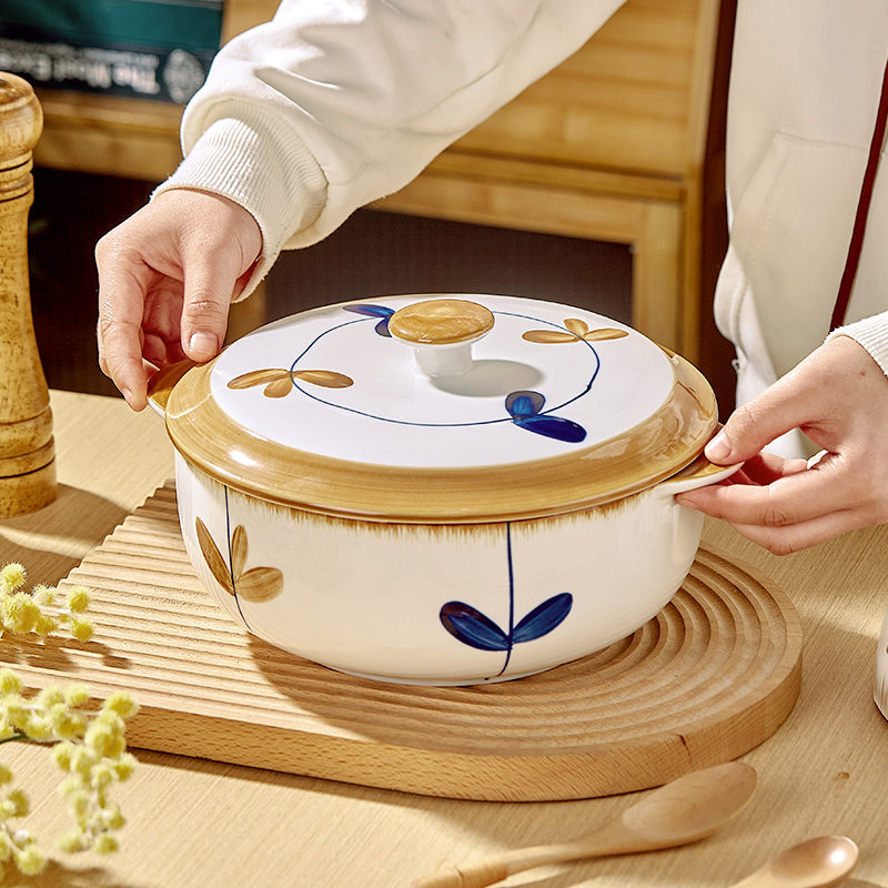 日式陶瓷双耳大汤碗带盖大汤盆